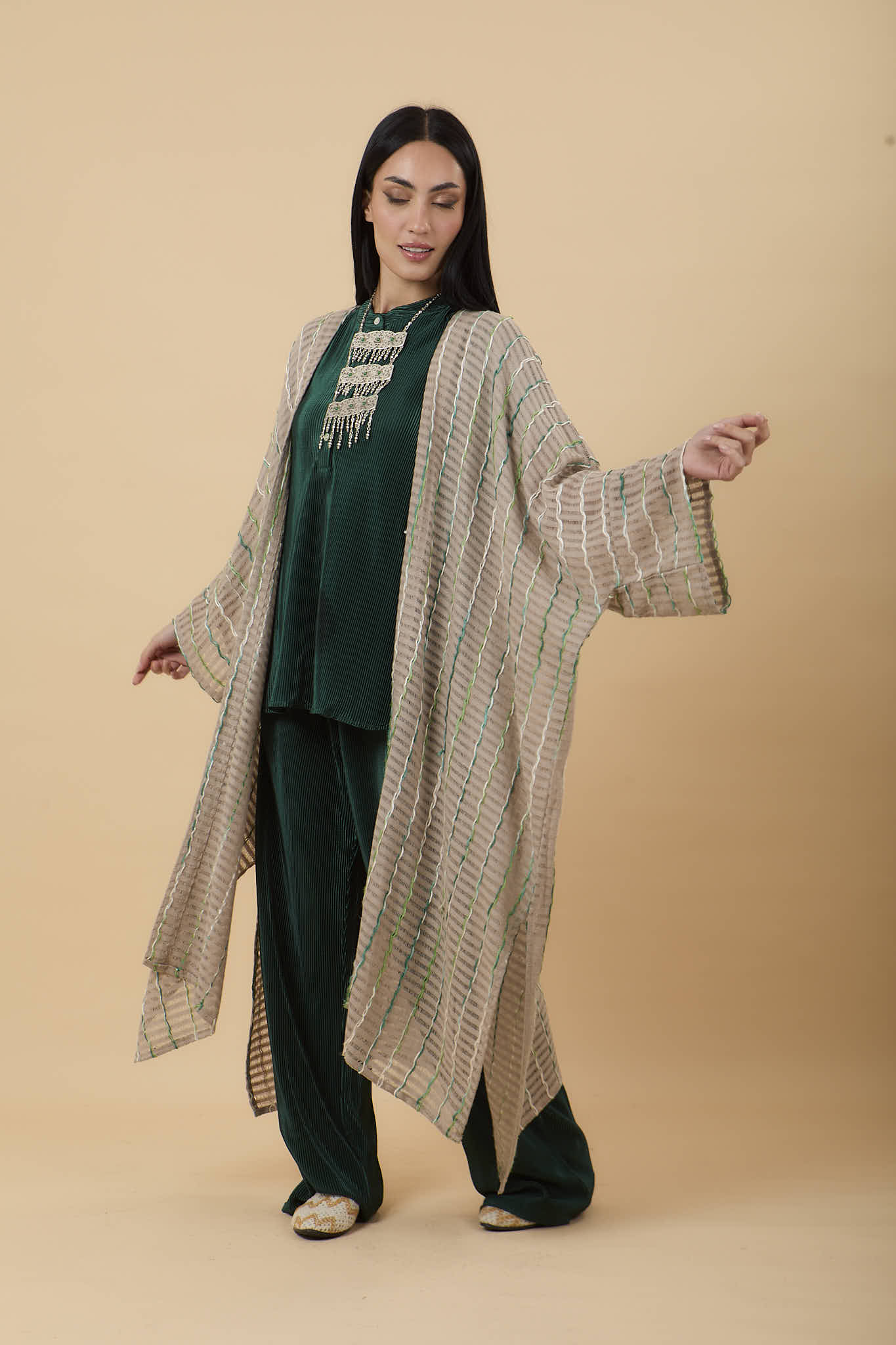 Linen net threaded kaftan - Nahla ElAlfy