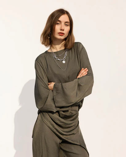 S-T16 Luxe Satin Drape Top - AED