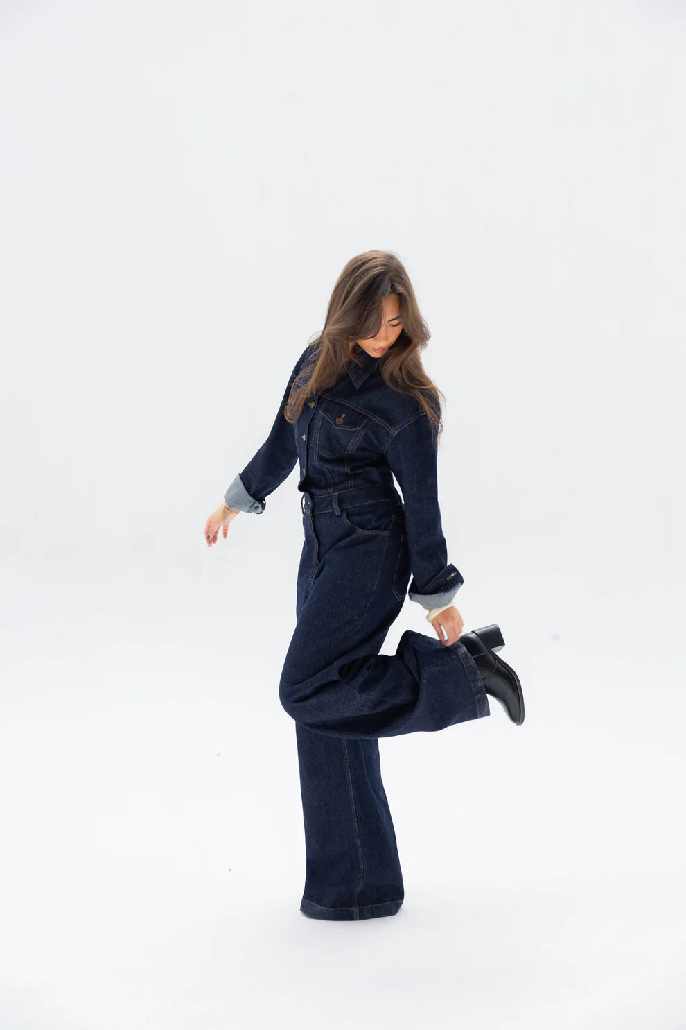 Clara jumpsuit in raw denim - Peach and mint