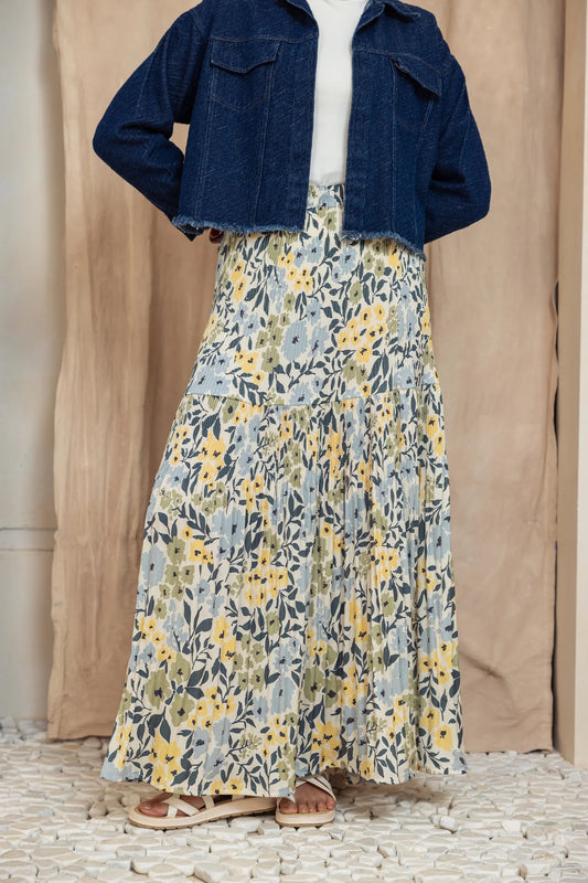 Printed Blue yellow flowers skirt - Chiffon