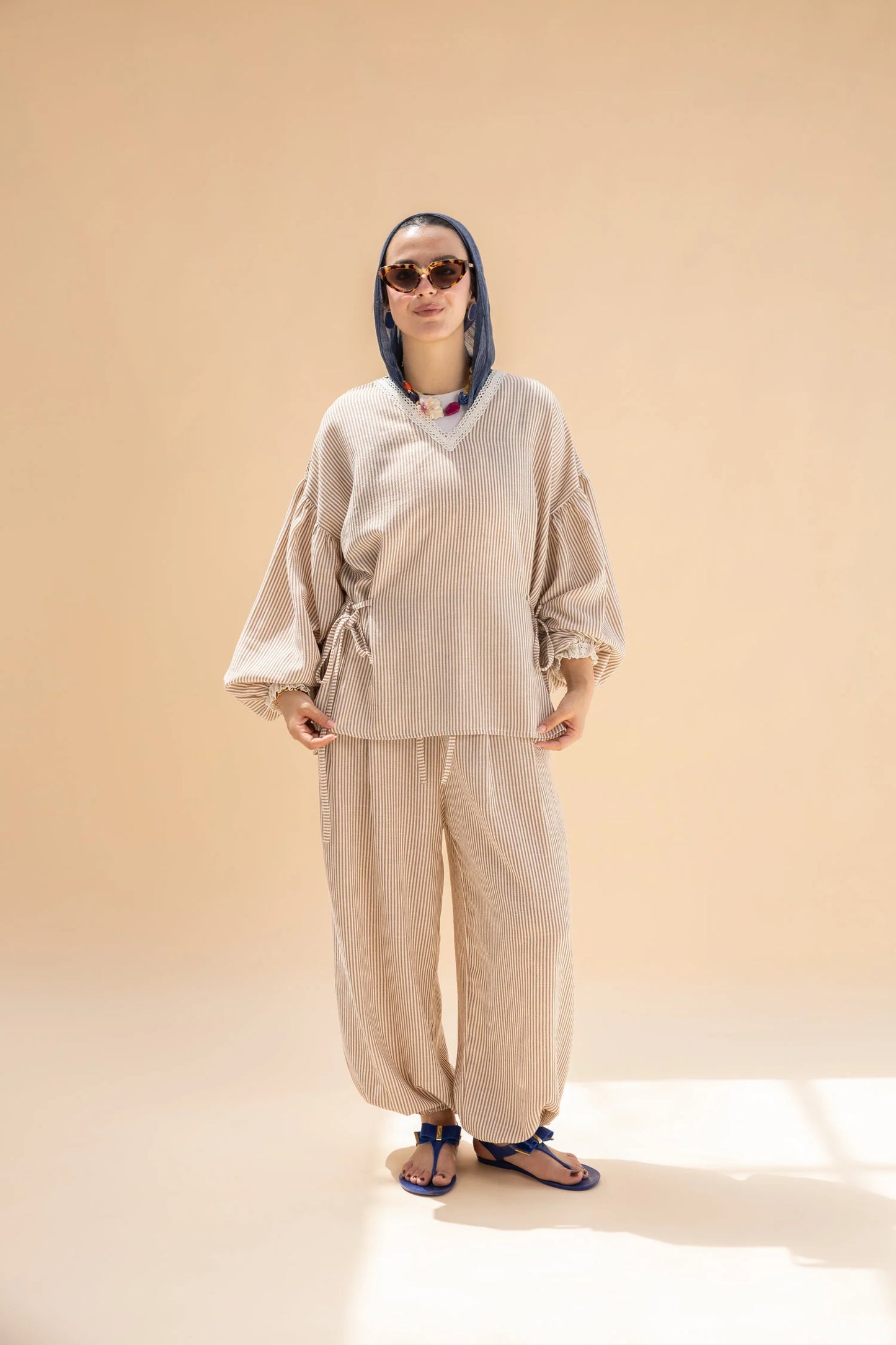 Beige Amwaj Linen stripe set NC1020 - Noha collection