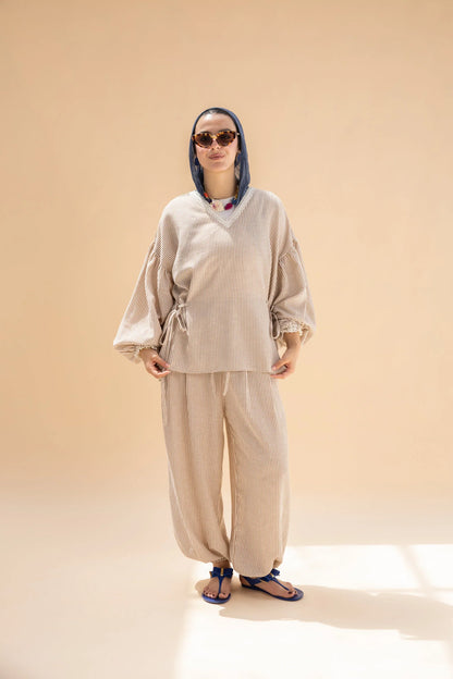 Beige Amwaj Linen stripe set NC1020 - Noha collection