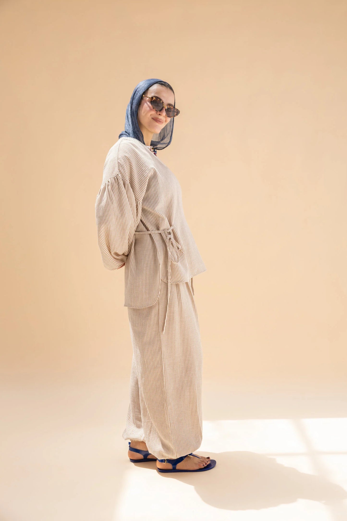 Beige Amwaj Linen stripe set NC1020 - Noha collection