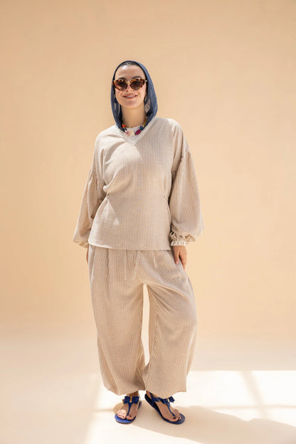 Beige Amwaj Linen stripe set NC1020 - Noha collection