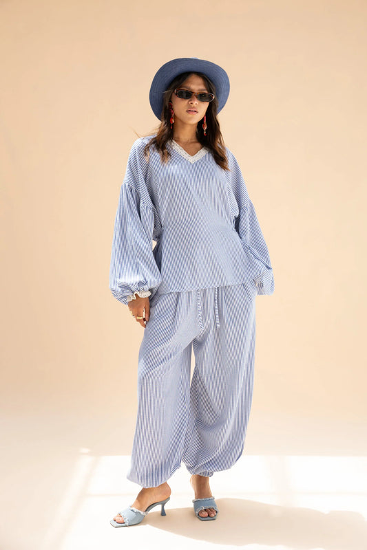 Blue Amwaj Linen stripe set NC1019 - Noha collection