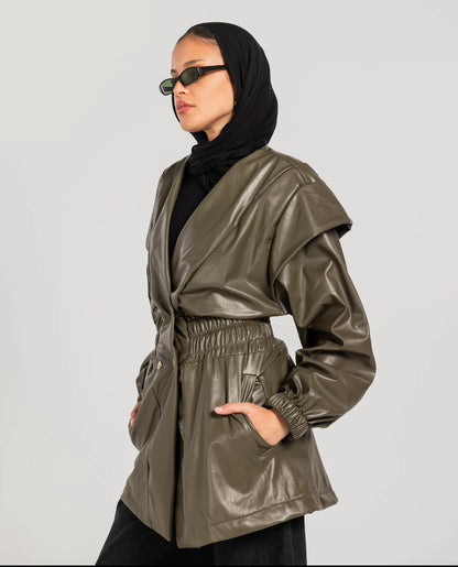 Drop Shoulders Leather Jacket - Theyab