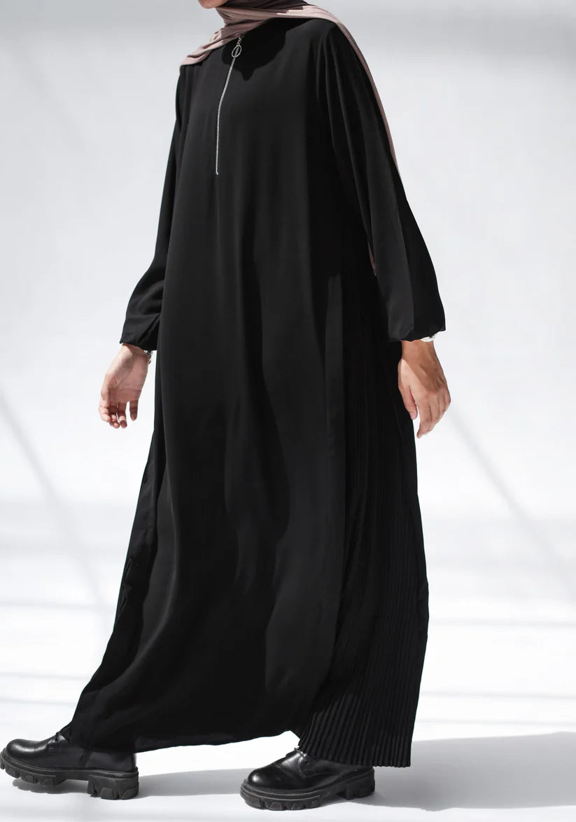 Side pleated abaya with front zipper - Modesty