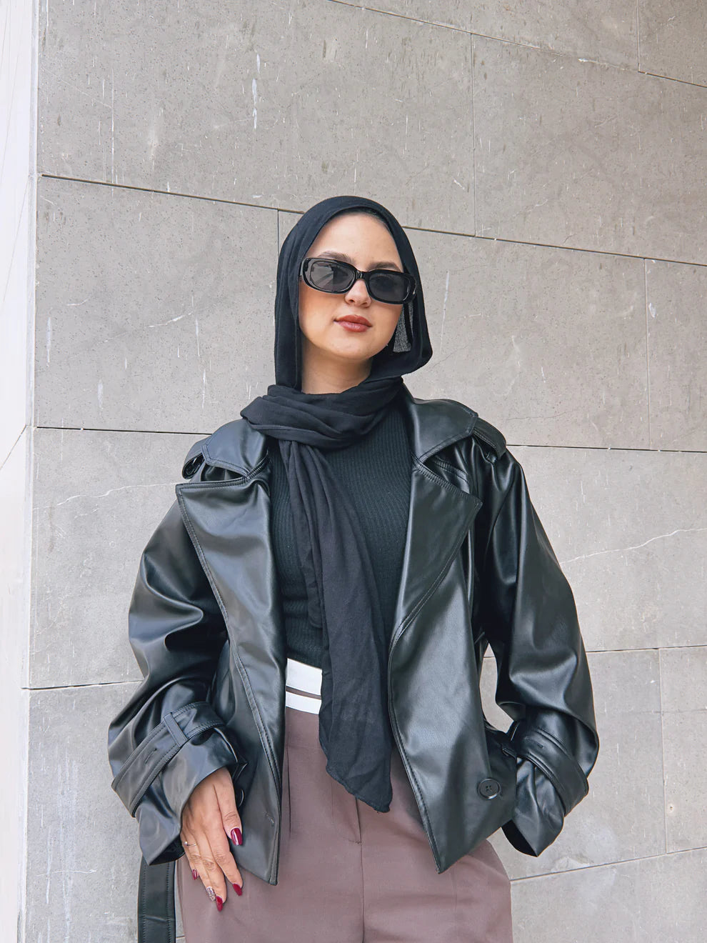 Leather cropped trench jacket - Wajad