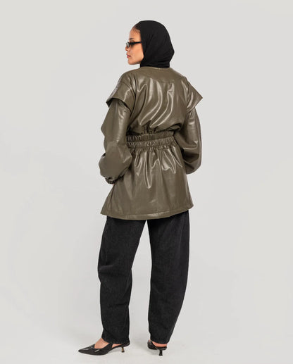 Drop Shoulders Leather Jacket - Theyab