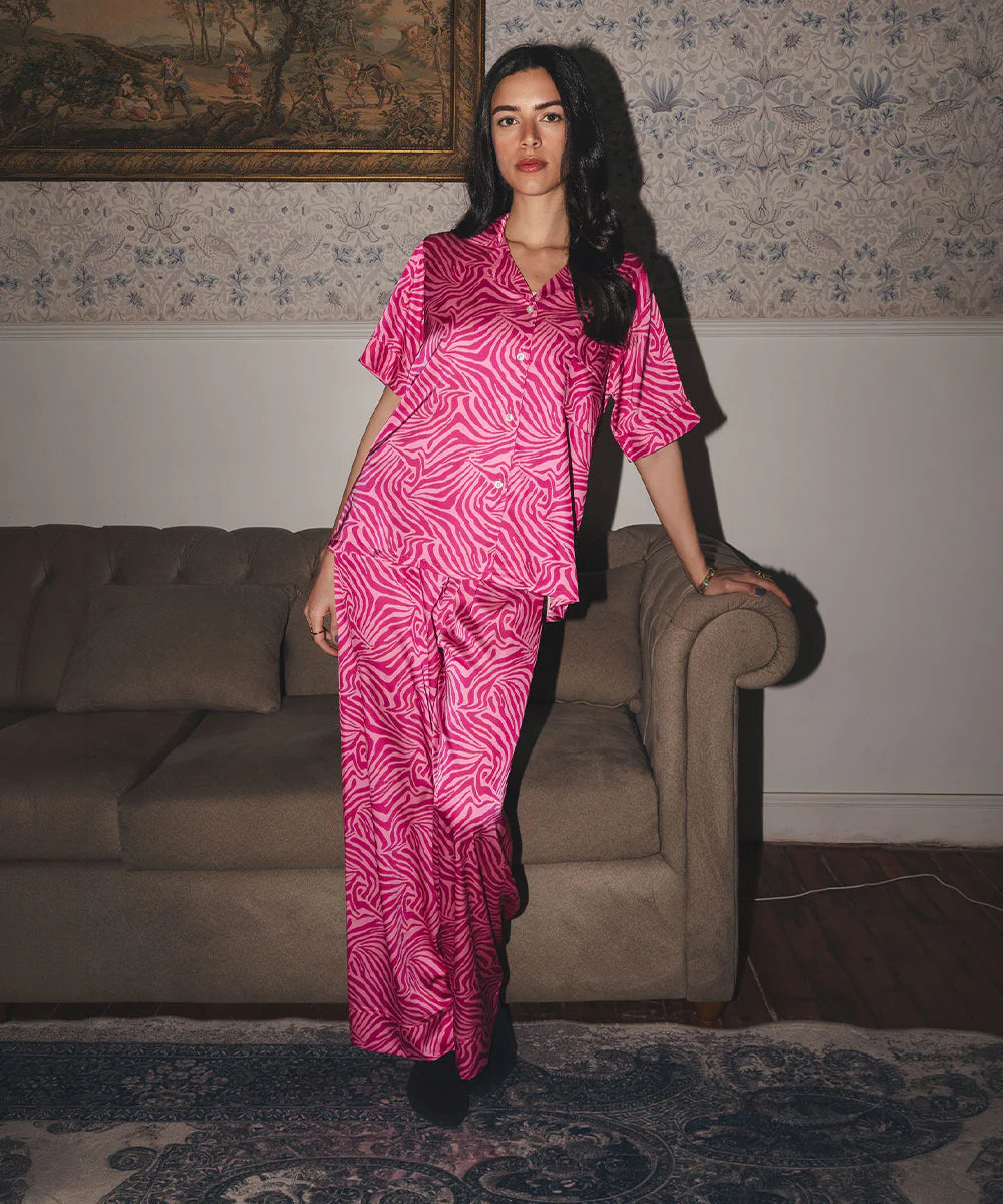pink zebra satin pj pants half-sleeve - chummy