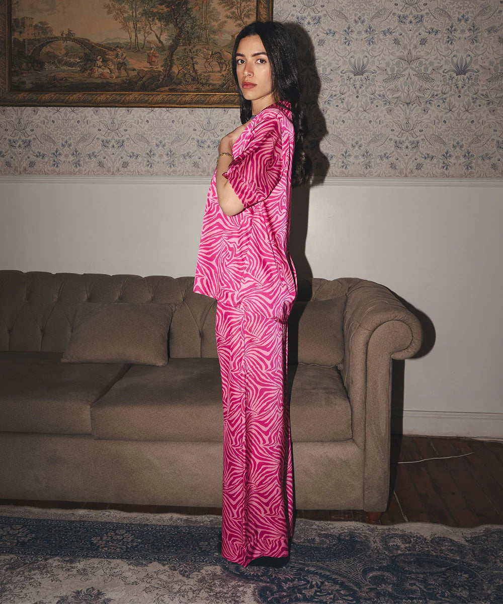 pink zebra satin pj pants half-sleeve - chummy