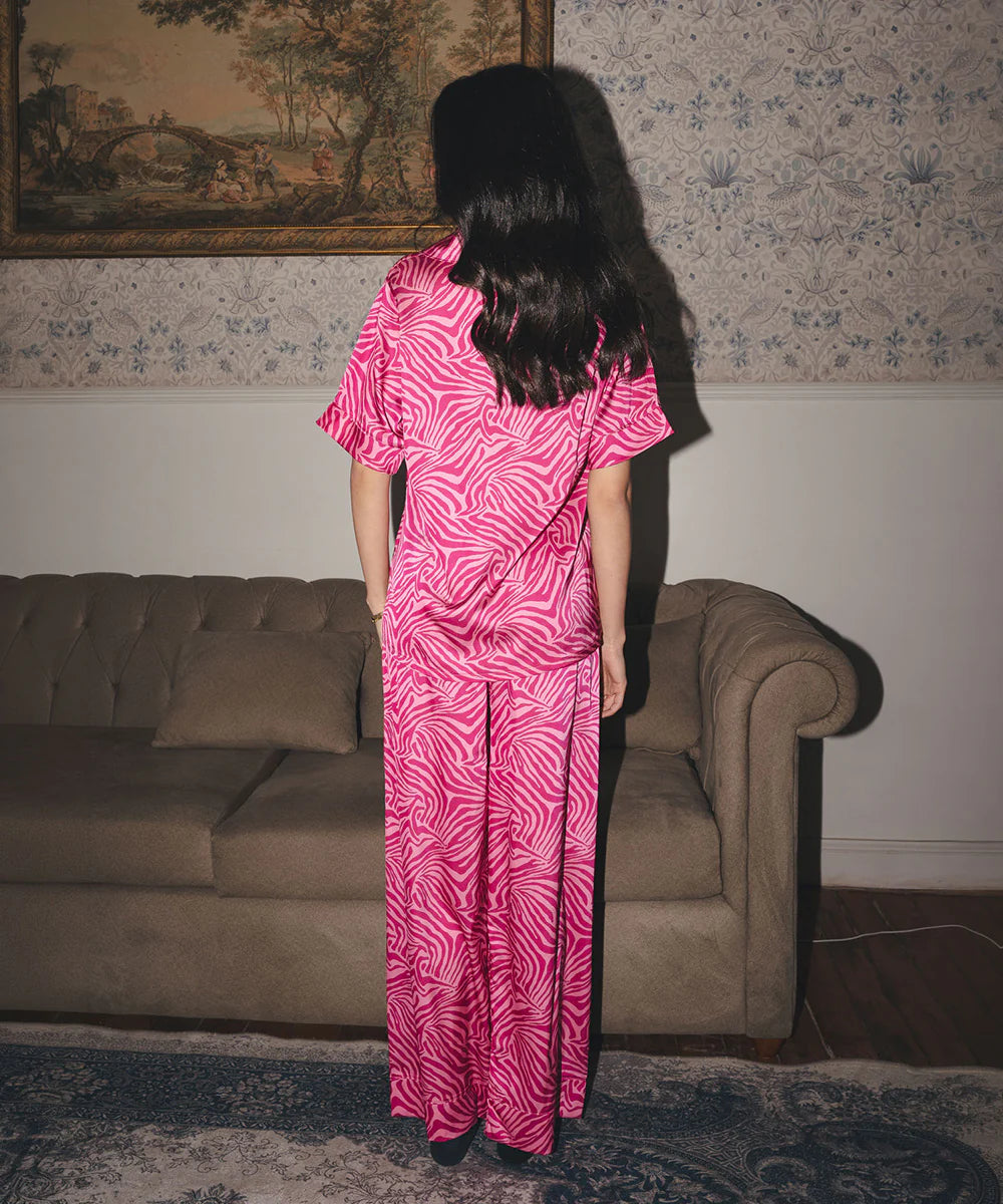 pink zebra satin pj pants half-sleeve - chummy