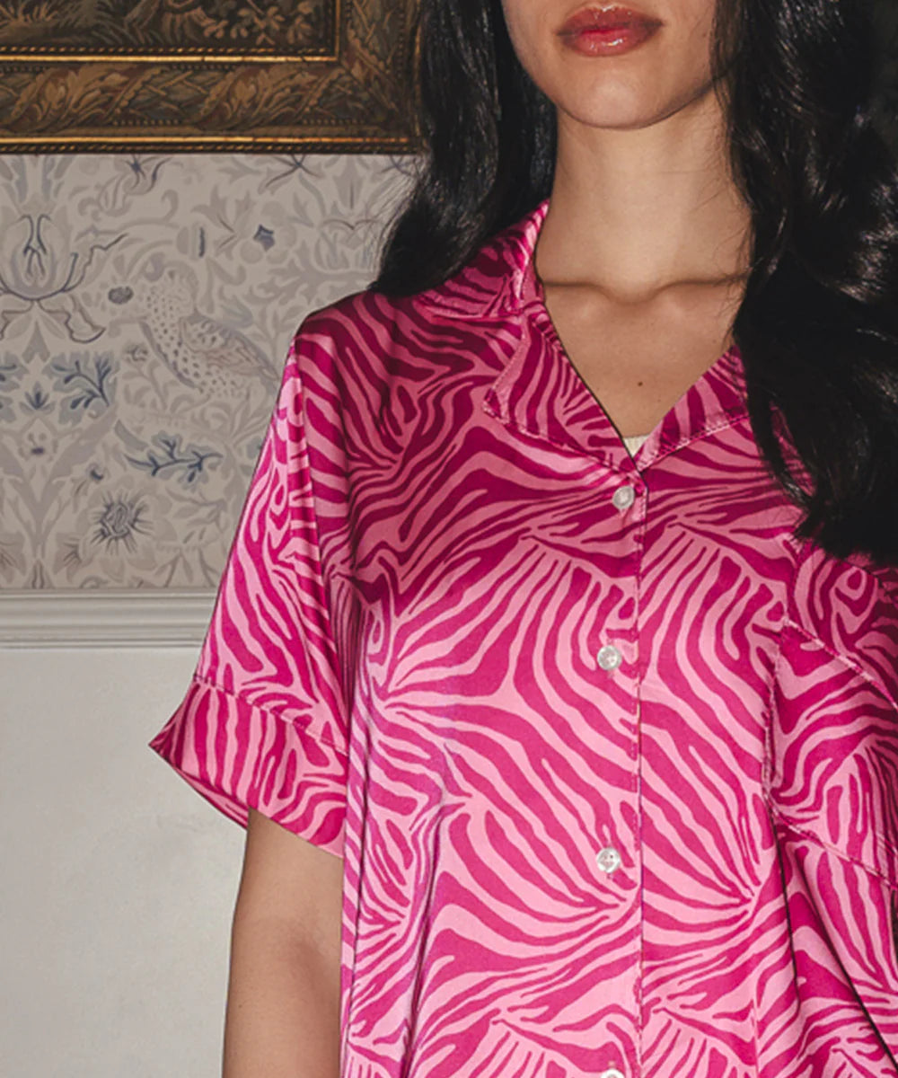 pink zebra satin pj pants half-sleeve - chummy