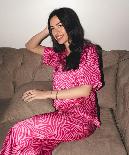 pink zebra satin pj pants half-sleeve - chummy