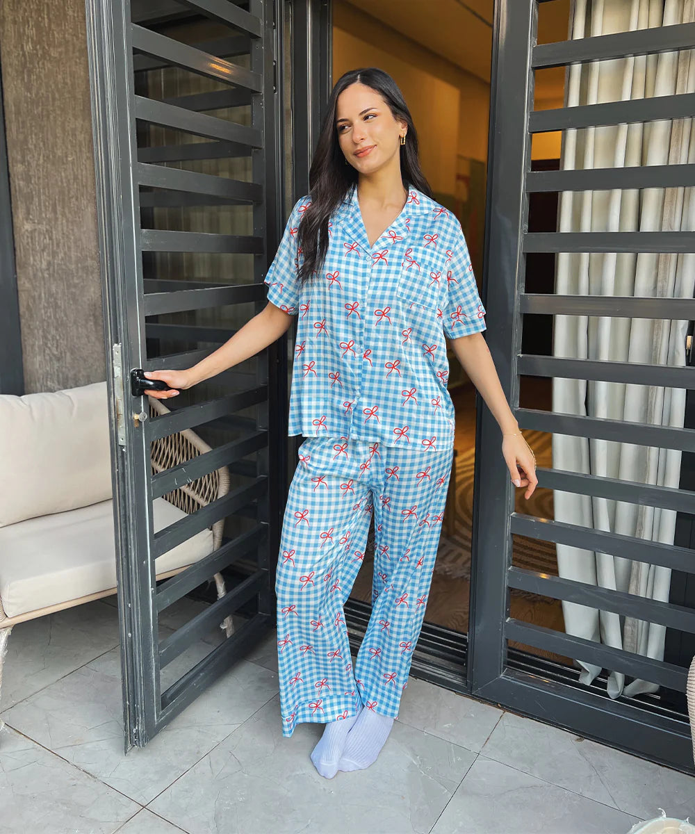 red ribbons satin pj pants half-sleeve - chummy