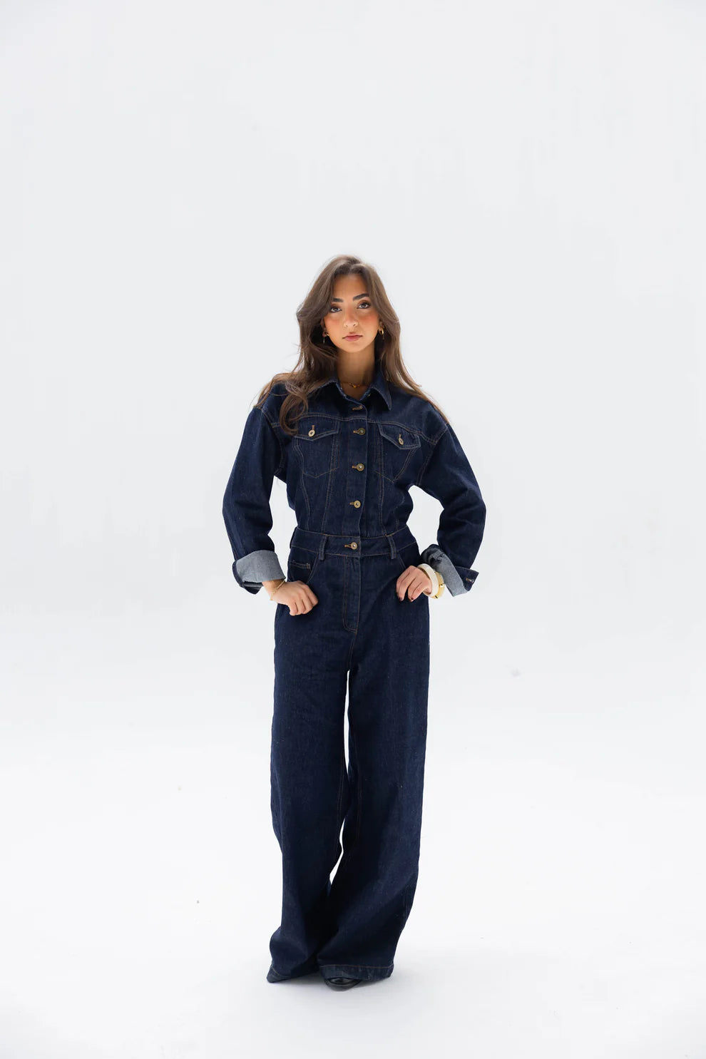 Clara jumpsuit in raw denim - Peach and mint