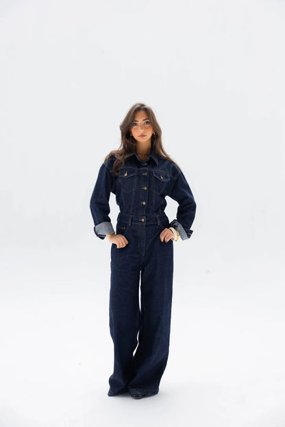 Clara jumpsuit in raw denim - Peach and mint