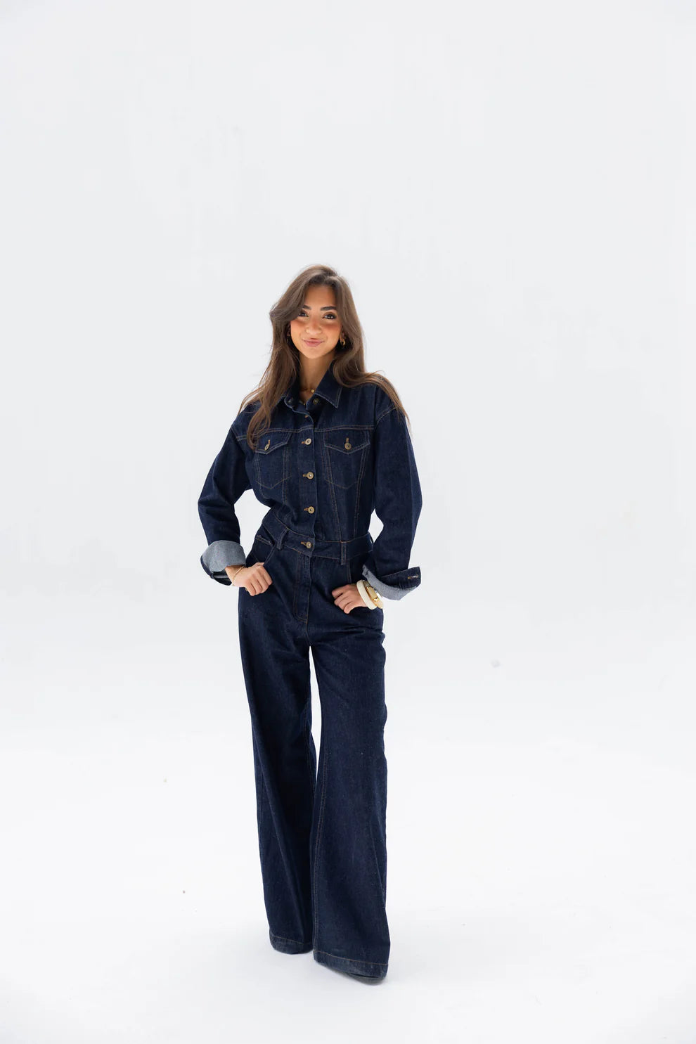 Clara jumpsuit in raw denim - Peach and mint