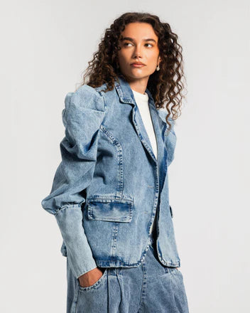 Gathered Sleeves Denim Jacket - Theyab