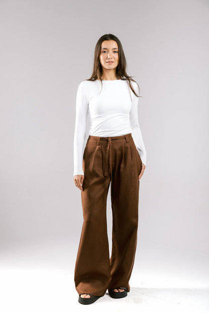 The Pleated Breeze Linen Pants - Amalia-S/M-Brown
