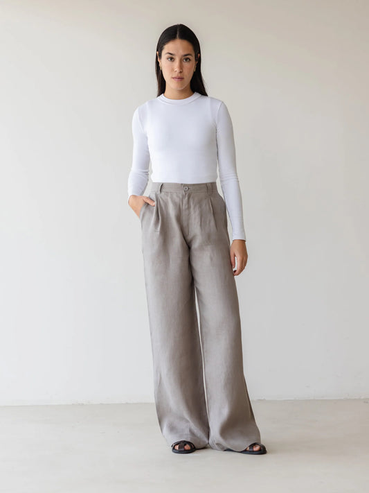 Darted Linen Wide Leg Trousers - ASCIA