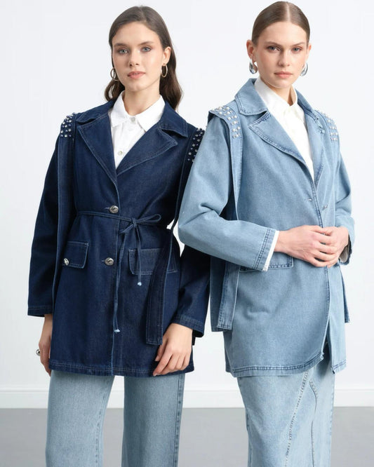 Studs denim jacket with belt - Magazin