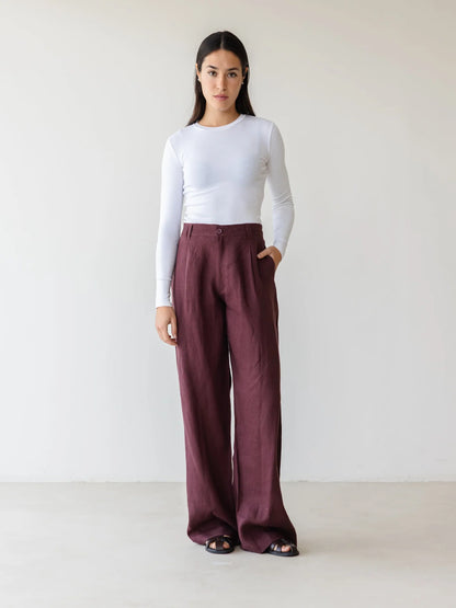 Darted Linen Wide Leg Trousers - ASCIA