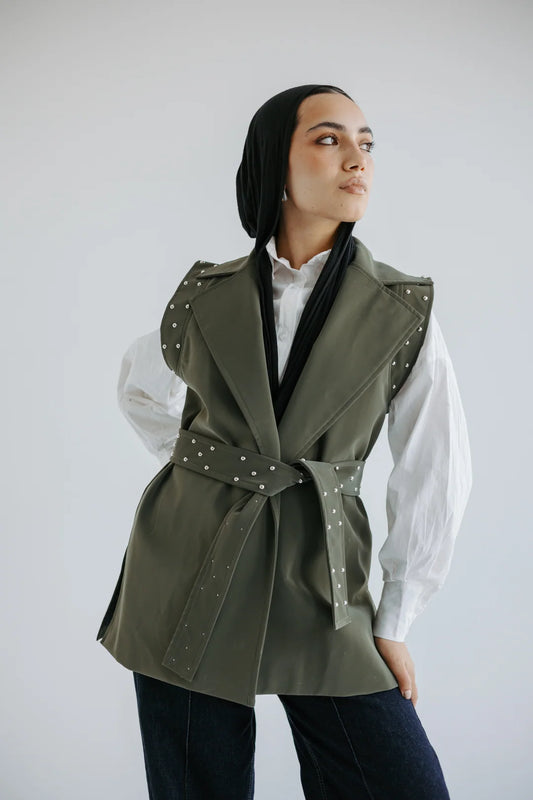 Studded faux leather belted vest - Dalia Omar
