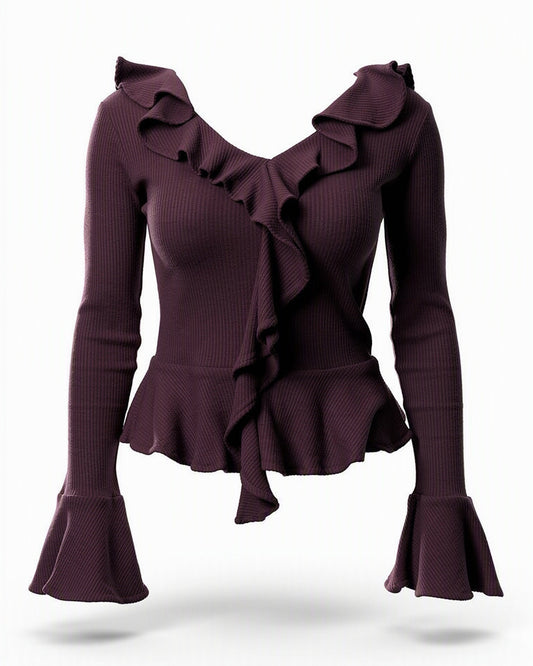 HBShop garment image: Ruffle Knit Top-Taj Sisters, Burgundy