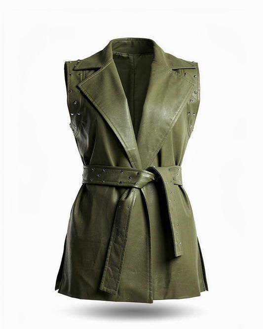 HBShop garment image: Studded faux leather belted vest - Dalia Omar, Olive