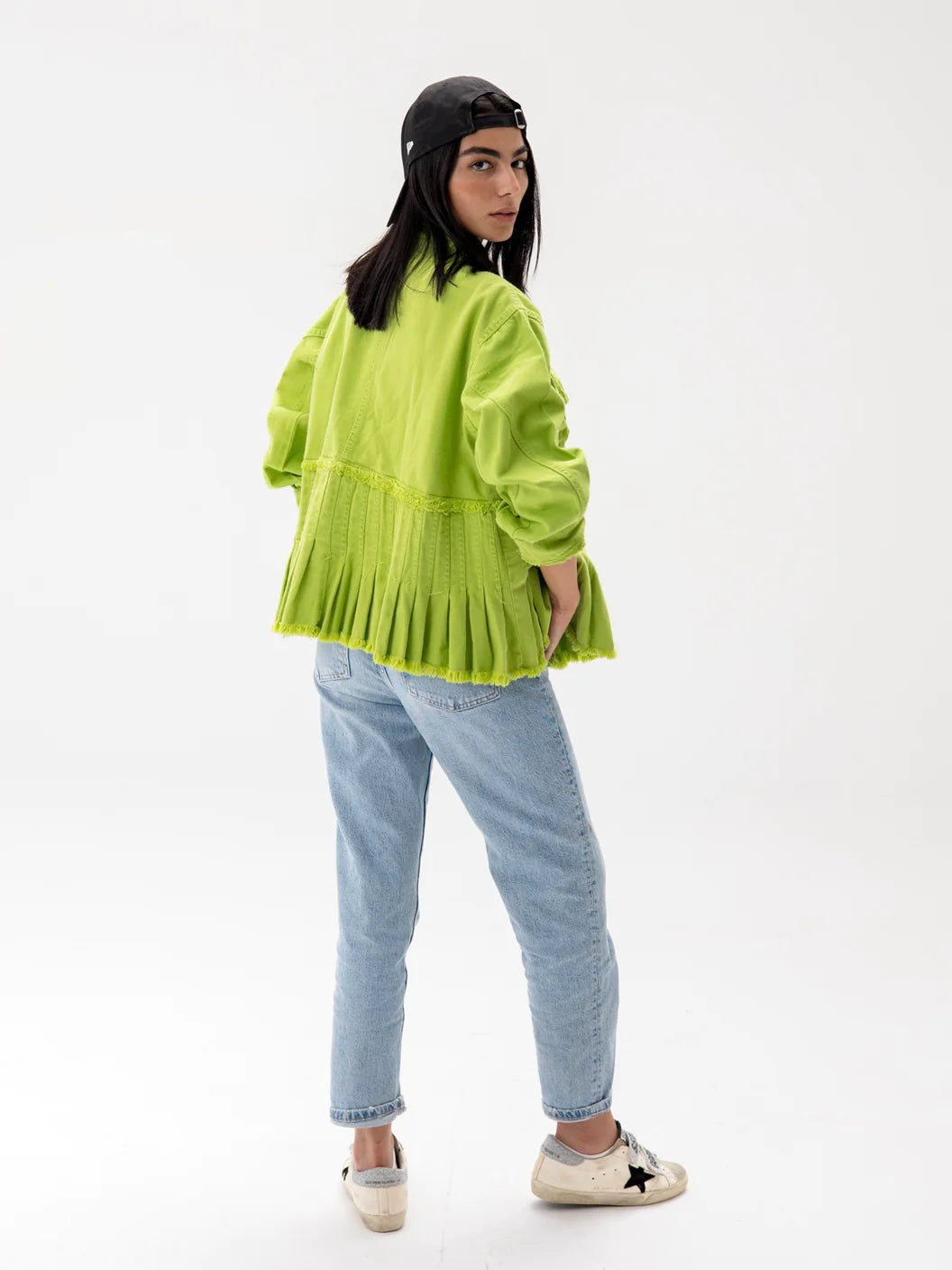 The pleated denim jacket in apple green