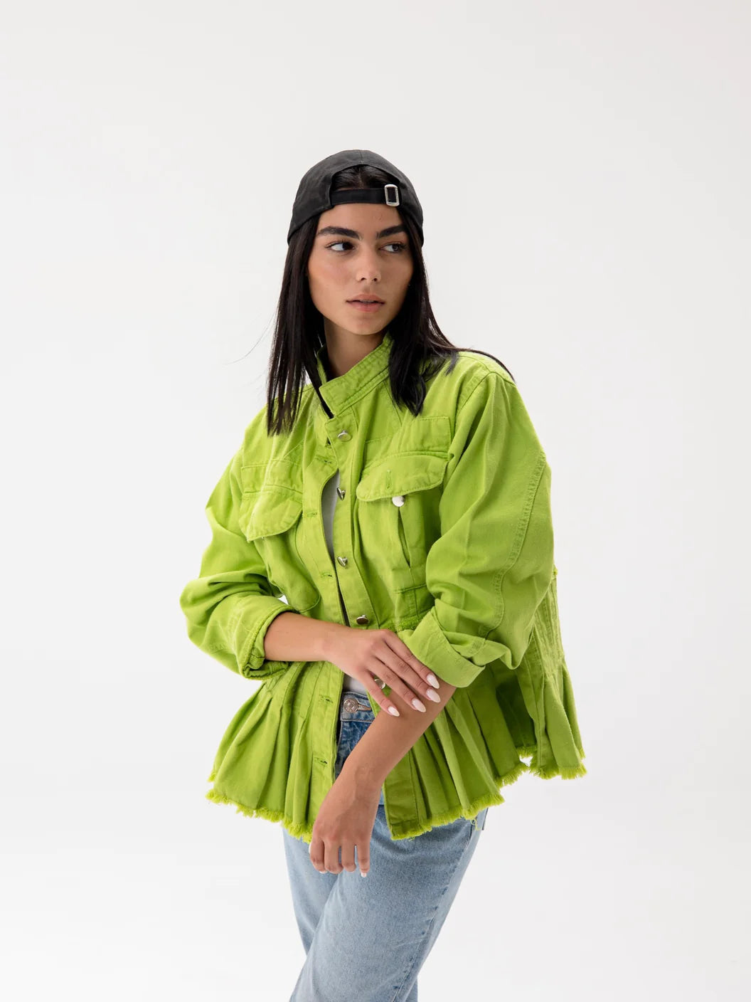 The pleated denim jacket in apple green